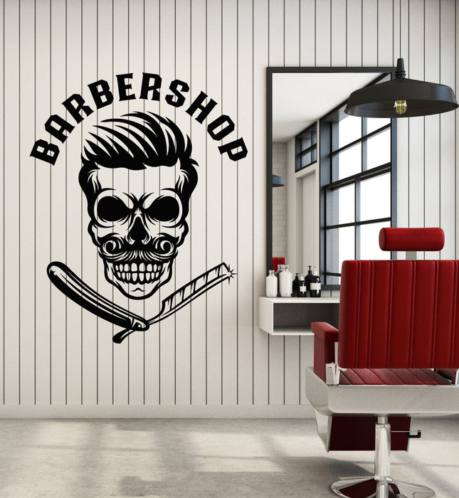 Vinyl Wall Decal Skull Bones Razor Barber Shop Haircut Man's Hair Stickers Mural (g5197)