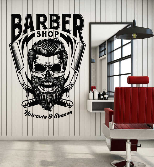 Vinyl Wall Decal Haircuts Shaves Barber Shop Skull Man's Hair Stickers Mural (g7361)