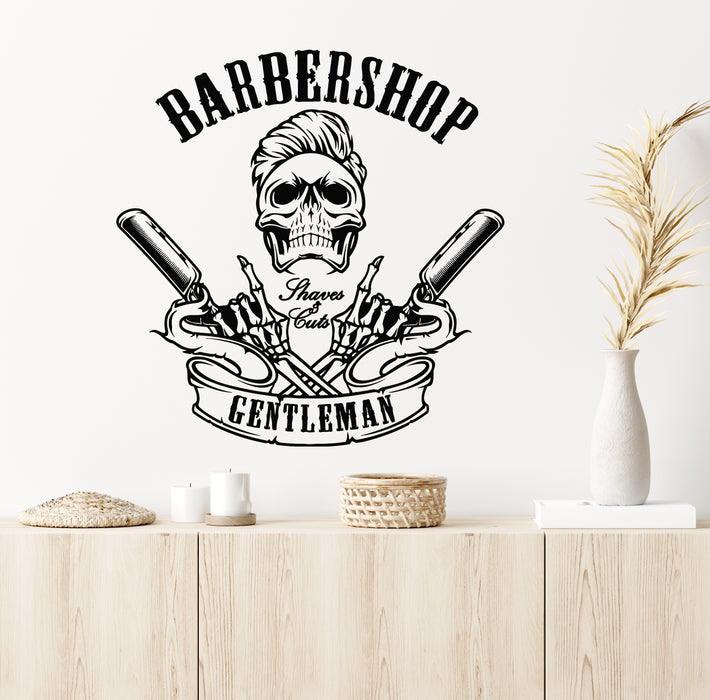 Vinyl Wall Decal Barbershop Icon Man's Hair Service Gentelmen Skull Stickers Mural (g7522)