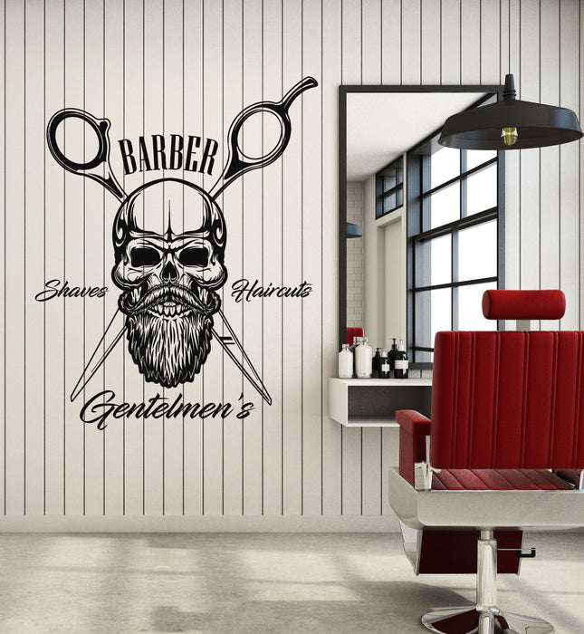 Vinyl Wall Decal Barber Tools Gentlemen's Shaves Haircuts Skull  Stickers Mural (g7715)