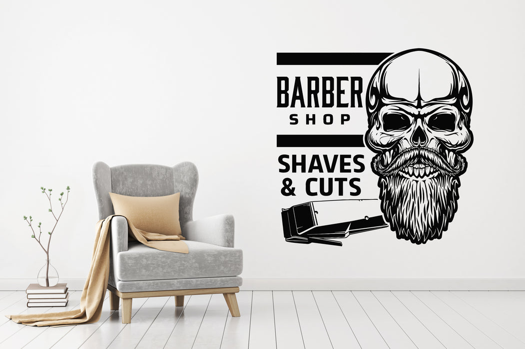 Vinyl Wall Decal Barber Shop Shaves Cuts Bearded Skull Stickers Mural (g8048)