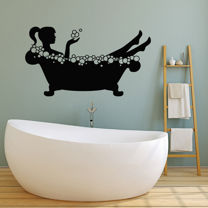 Vinyl Wall Decal Bathroom Woman Wash Bath Soap Bubbles Stickers Mural (g5986)