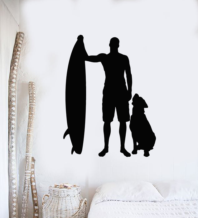 Vinyl Wall Decal Silhouette Surfing Board Surfer Dog Beach Style Stickers Mural (g1338)