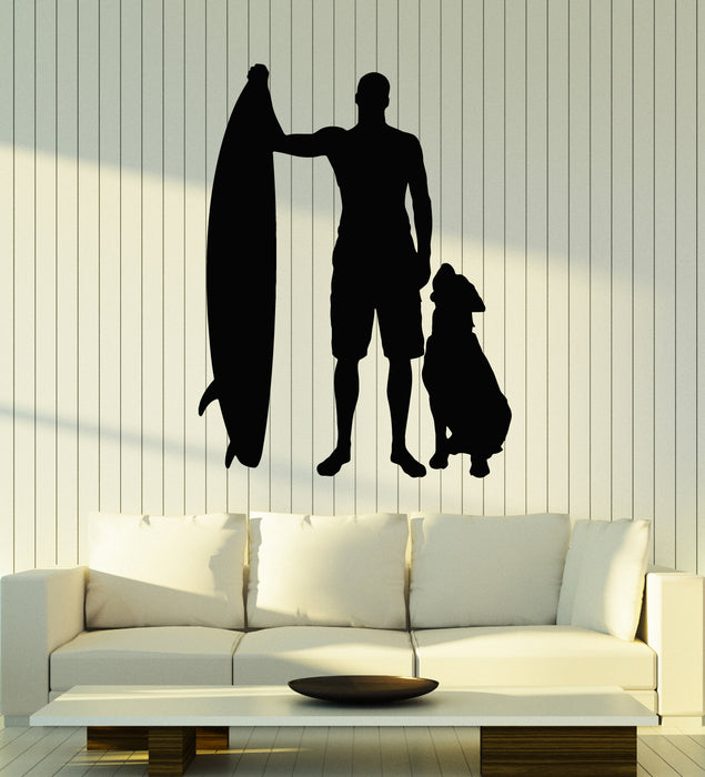 Vinyl Wall Decal Silhouette Surfing Board Surfer Dog Beach Style Stickers Mural (g1338)
