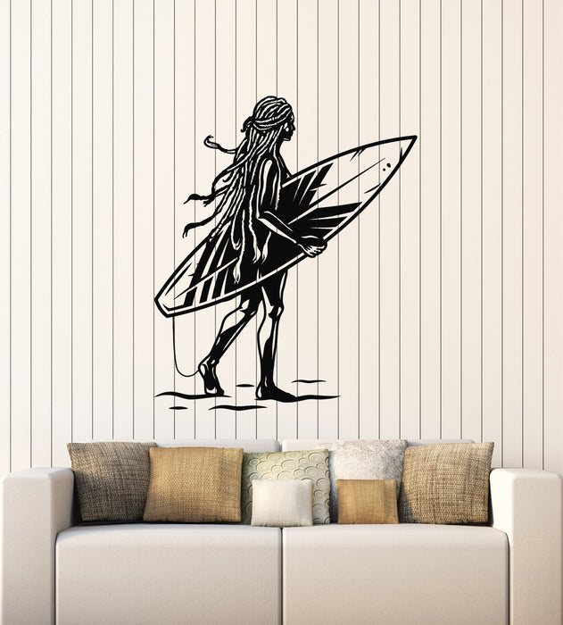Vinyl Wall Decal Surfing Surf Girl Dreadlocks Beach Vacation Stickers Mural (g2013)