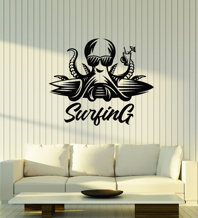 Vinyl Wall Decal Octopus In Glasses Surfboard Surfing Beach Style Stickers Mural (g2091)