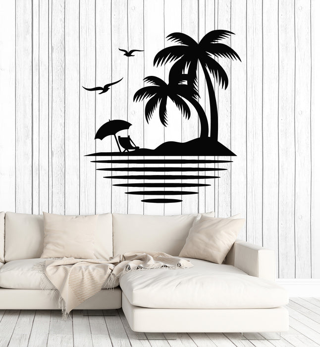 Vinyl Wall Decal Palm Tree Seagulls Beach Relax Travel Sea Ocean Stickers Mural (g1235)