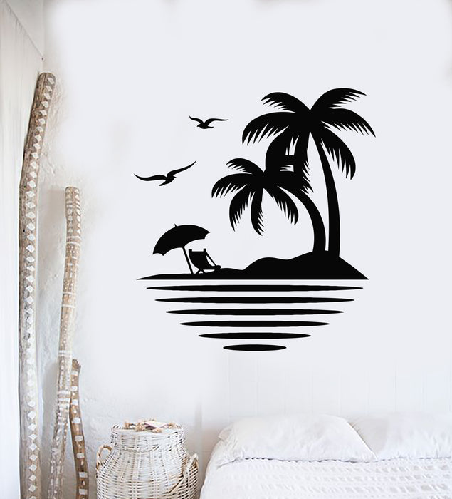 Vinyl Wall Decal Palm Tree Seagulls Beach Relax Travel Sea Ocean Stickers Mural (g1235)