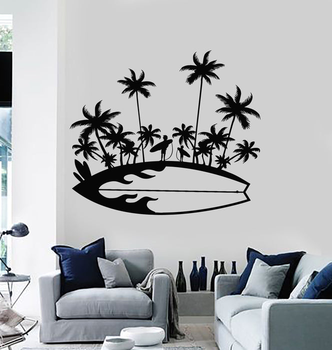 Vinyl Wall Decal Surfing Board Vacation Sun Beach Palm Island Stickers Mural (g3142)