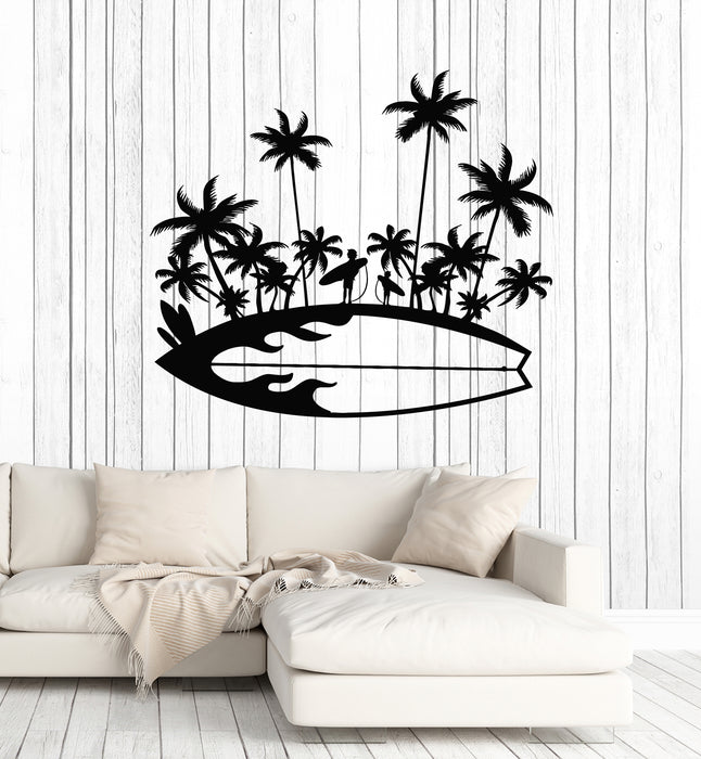 Vinyl Wall Decal Surfing Board Vacation Sun Beach Palm Island Stickers Mural (g3142)