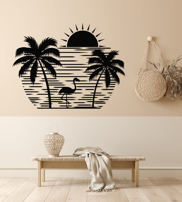 Vinyl Wall Decal Sunset Palm Trees Flamingo Sea Beach Style Stickers Mural (g5782)