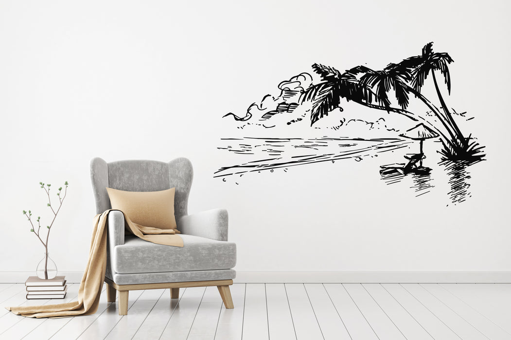 Vinyl Wall Decal Sketch Palm Beach Sea Surfing Vacation Stickers Mural (g8339)