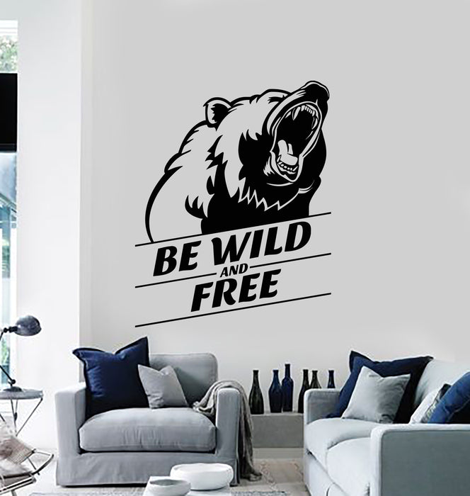 Vinyl Wall Decal Be Wild And Free Grizzly Bear Head Animal Stickers Mural (g460)