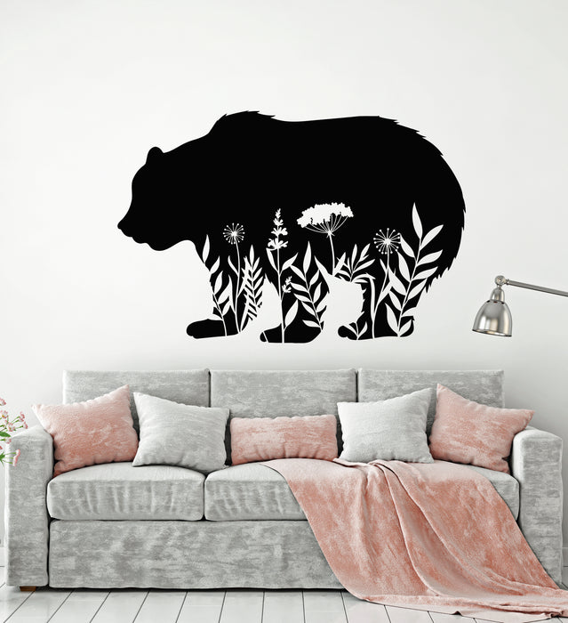 Vinyl Wall Decal Floral Motif Bear Animal Predator Flowers Nature Stickers Mural (g3968)