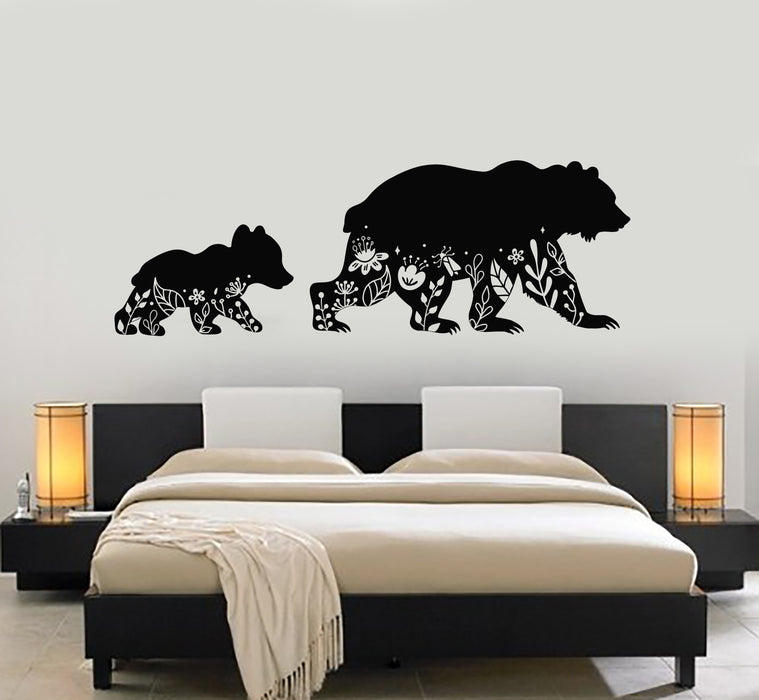 Vinyl Wall Decal Mama Bear Baby Bear Silhouettes Floral Art Stickers Mural (g7415)