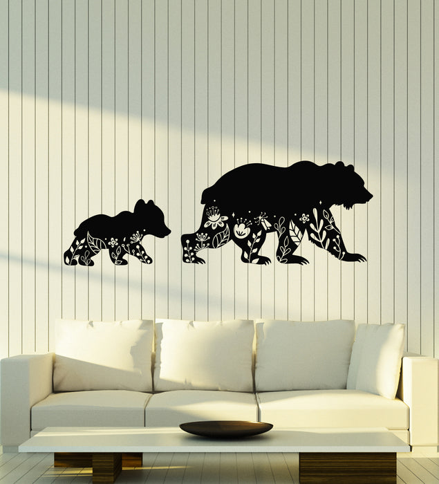 Vinyl Wall Decal Mama Bear Baby Bear Silhouettes Floral Art Stickers Mural (g7415)