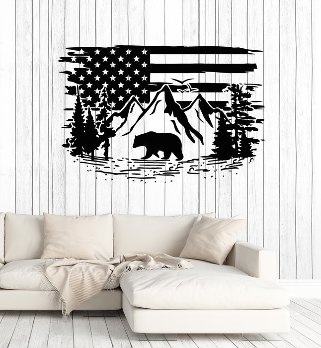 Vinyl Wall Decal American Flag Bear Mountains Forest Wildlife Stickers Mural (g7661)