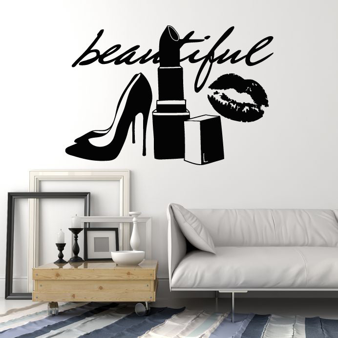 Vinyl Wall Decal Lettering Beautiful Fashionable Lipstick Shoes Stickers Mural (g2429)