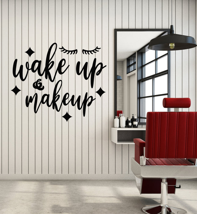 Vinyl Wall Decal Phrase Wake Up Makeup Beauty Salon Eyelashes Stickers Mural (g3670)