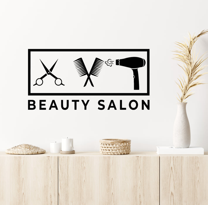 Vinyl Wall Decal Beauty Salon Logo Hairstyle Hair Dryer Scissors Comb Stickers Mural (g7131)