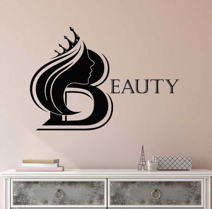 Beauty Vinyl Wall Decal Girl Silhouette Crown Decor for Beauty Salons Lettering Stickers Mural (k063)