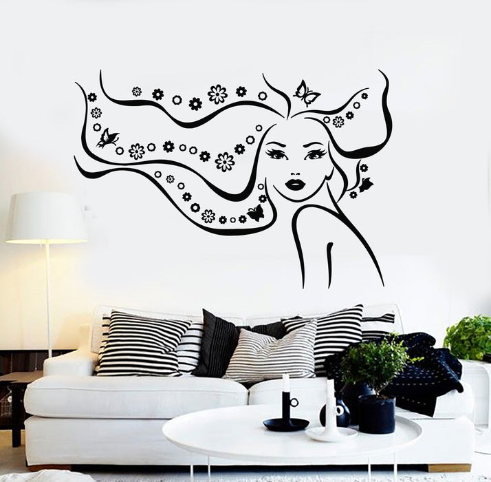 Vinyl Wall Decal Beautiful Girl Makeup Long Hair Beauty Salon Flowers Stickers Mural (g5136)