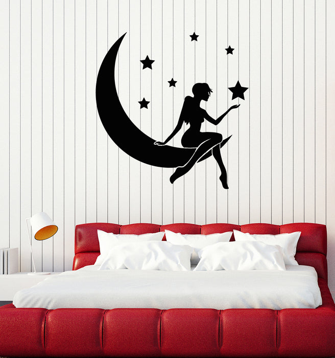 Vinyl Wall Decal Bedtime Crescent Moon Sexy Girl Stars Stickers Mural (g3824)
