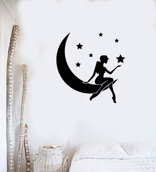 Vinyl Wall Decal Bedtime Crescent Moon Sexy Girl Stars Stickers Mural (g3824)
