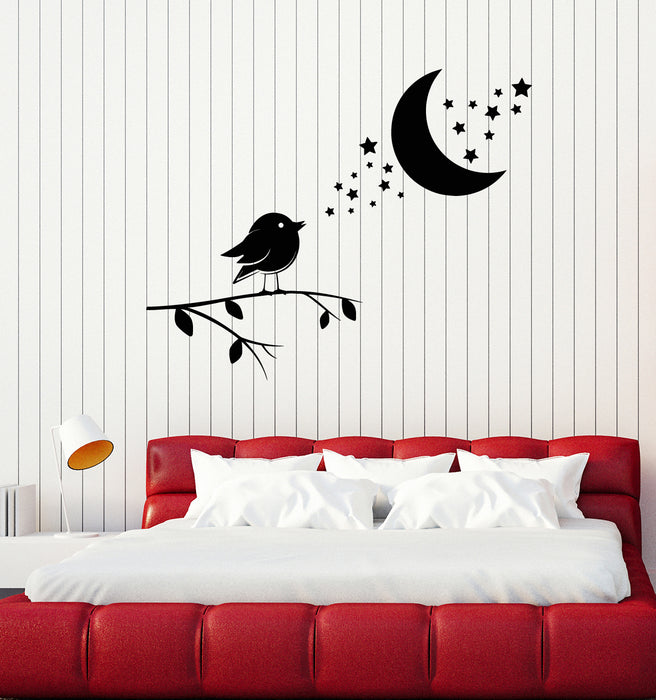 Vinyl Wall Decal Little Bird Child Room Bedroom Night Stars Moon Stickers Mural (g5983)