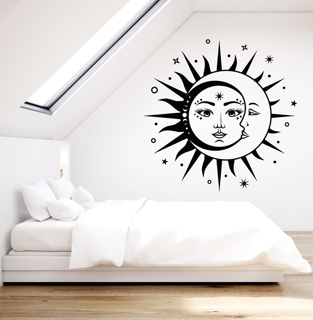 Vinyl Wall Decal Bed Sun Crescent Moon Face Stars Night Bedroom Sticke ...