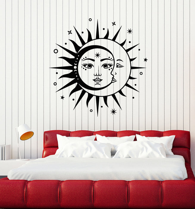 Vinyl Wall Decal Bed Sun Crescent Moon Face Stars Night Bedroom Stickers Mural (g6784)
