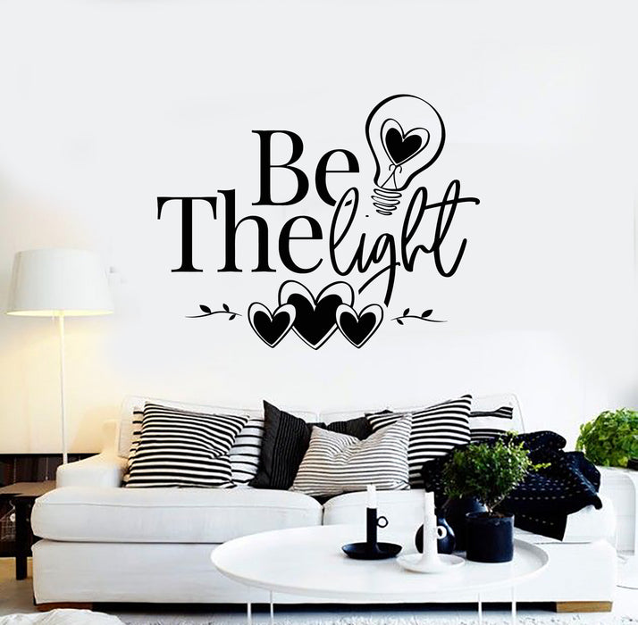 Vinyl Wall Decal Inspirational Phrase Be The Light Hearts Lamp Bulb Stickers Mural (g3107)