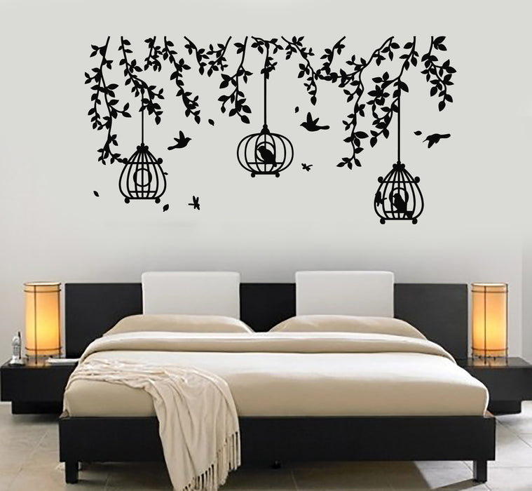 Vinyl Wall Decal Caged Birds Floral Tree Branch Free Fly Bedroom Stickers Mural (g1141)