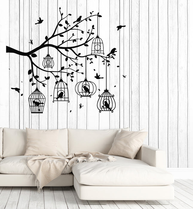 Vinyl Wall Decal Birds Silhouette With Tree And Bird Cages Stickers Mural (g7767)