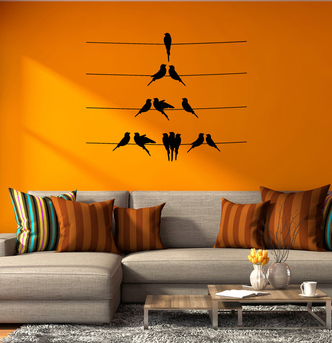 Vinyl Wall Decal Silhouette Birds Family On Wires Nature Stickers Mural (g8153)