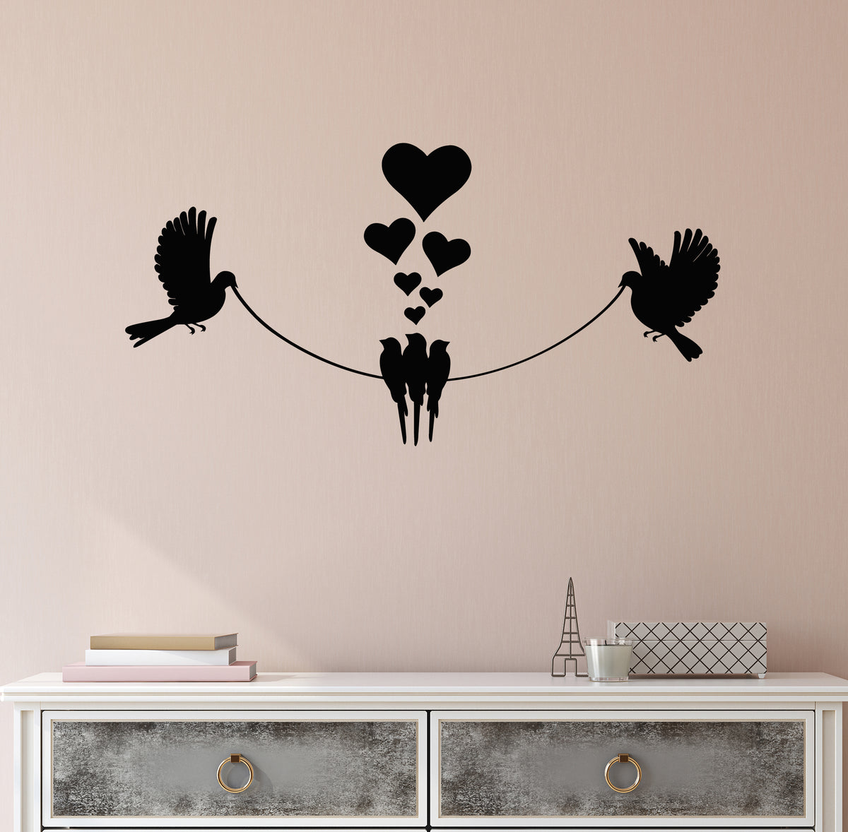 Vinyl Wall Decal Silhouette Birds On Wires Perched Romance Doves Stick — Wallstickers4you