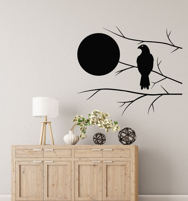 Vinyl Wall Decal Hawk Black On Tree Branch Full Moon Bedroom Stickers Mural (g8046)