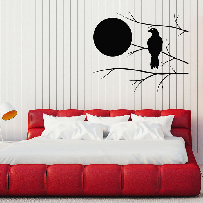 Vinyl Wall Decal Hawk Black On Tree Branch Full Moon Bedroom Stickers Mural (g8046)