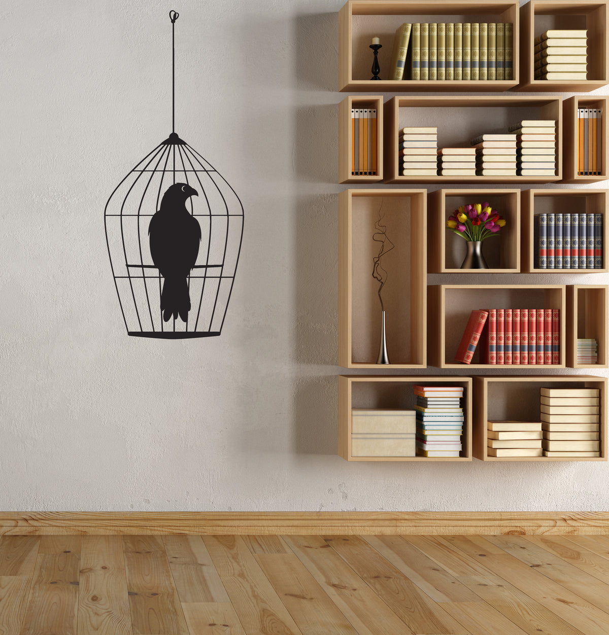 Vinyl Wall Decal Silhouette Bird In Cage Home Interior Stickers Mural — Wallstickers4you