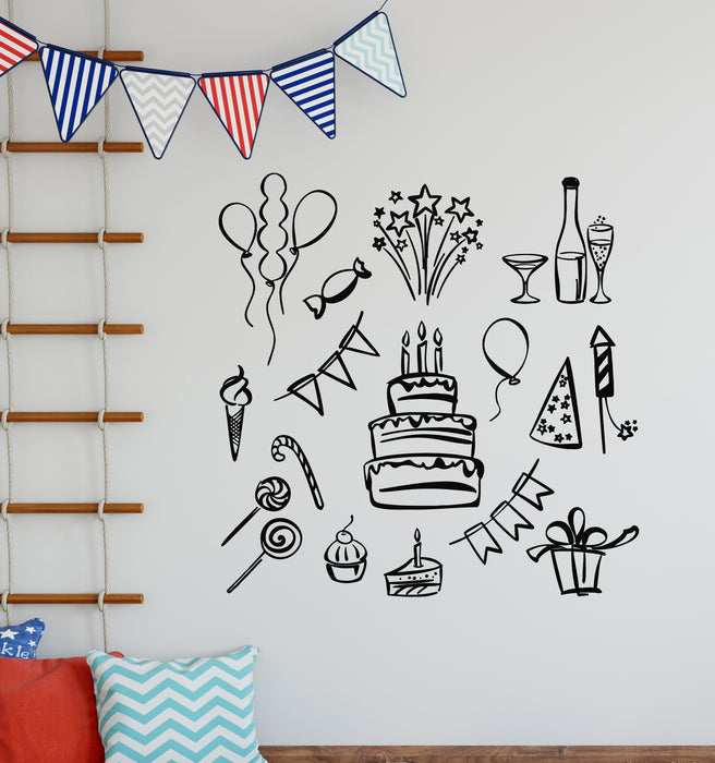Vinyl Wall Decal Birthday Happy Party Fireworks Cake Present Sketch Stickers Mural (g6858)