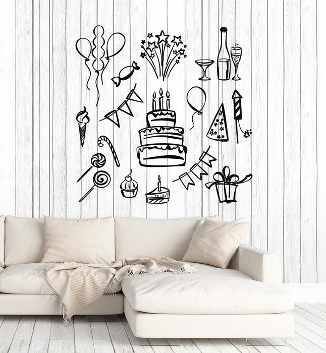 Vinyl Wall Decal Birthday Happy Party Fireworks Cake Present Sketch Stickers Mural (g6858)