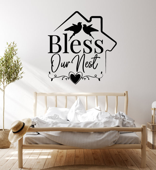 Vinyl Wall Decal Lettering Home Phrase Bless Our Nest Birds Family Stickers Mural (g7674)