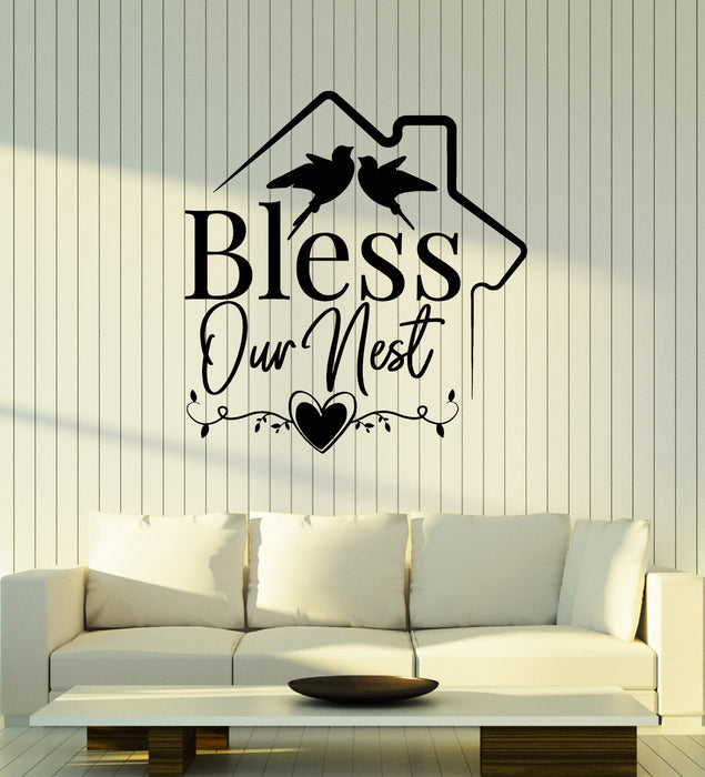 Vinyl Wall Decal Lettering Home Phrase Bless Our Nest Birds Family Stickers Mural (g7674)
