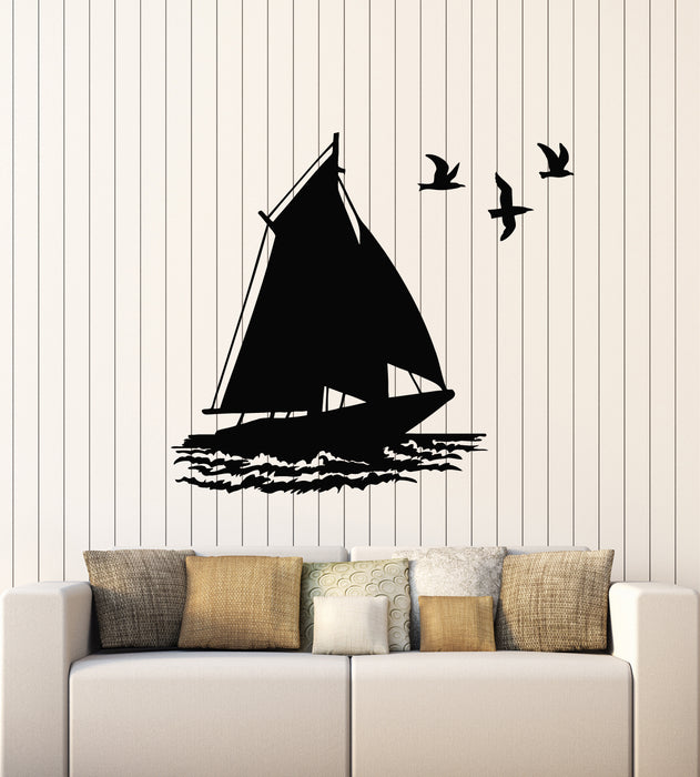 Vinyl Wall Decal Boat Ship Birds Ocean Marine Beach House Stickers Mural (g2650)