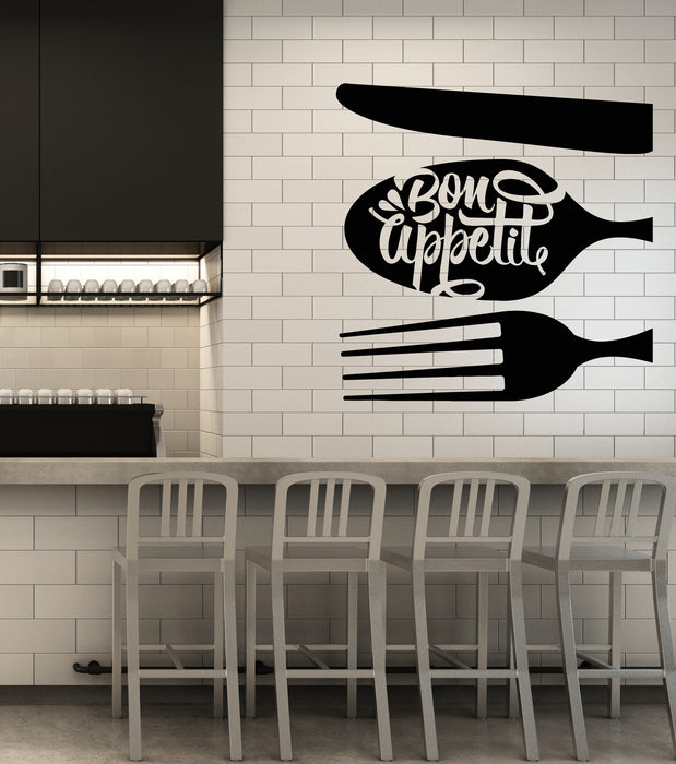 Vinyl Wall Decal Bon Appetit Kitchen Restaurant Cutlery Fork Spoon Cooking Stickers Mural (g6822)