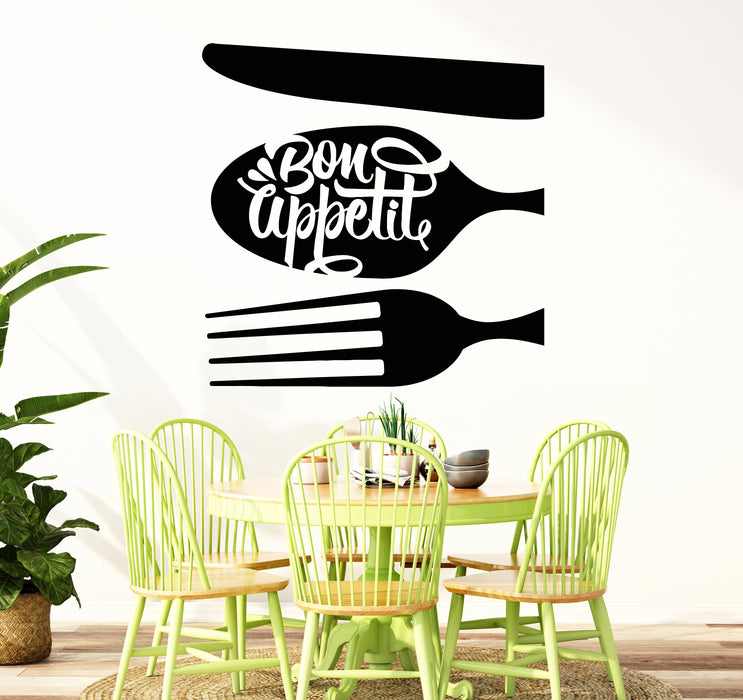 Vinyl Wall Decal Bon Appetit Kitchen Restaurant Cutlery Fork Spoon Cooking Stickers Mural (g6822)