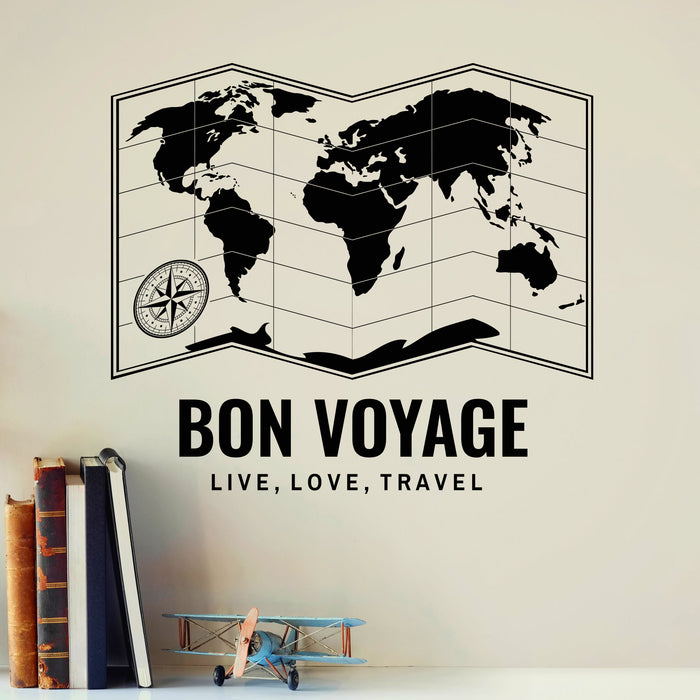 Bon Voyage Vinyl Wall Decal World Map Compass Letters Words Tourism Travel Stickers Mural (ig6468)