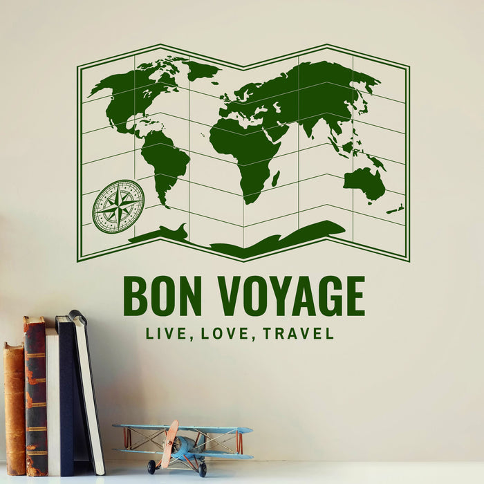 Bon Voyage Vinyl Wall Decal World Map Compass Letters Words Tourism Travel Stickers Mural (ig6468)