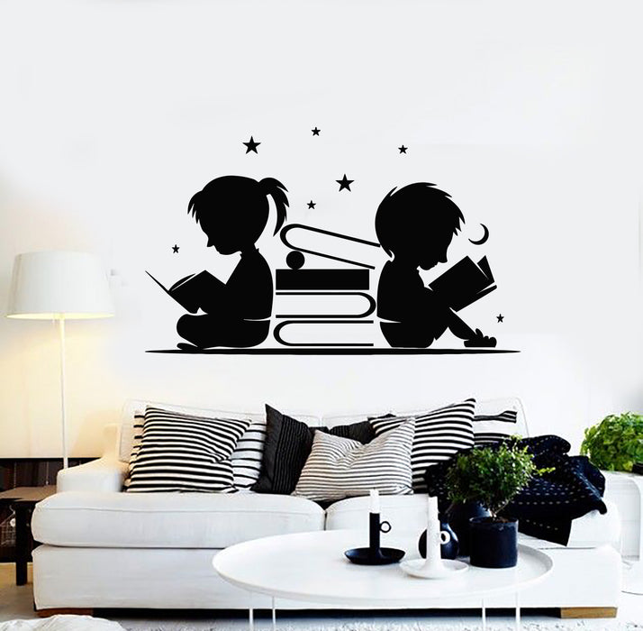 Vinyl Wall Decal Child Room Boy And Girl Reading Books Stars Moon Stickers Mural (g561)