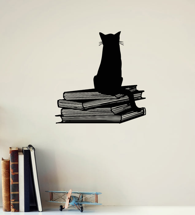 Vinyl Wall Decal Cat Books Reading Room Corner Library Stickers Mural (ig6353)